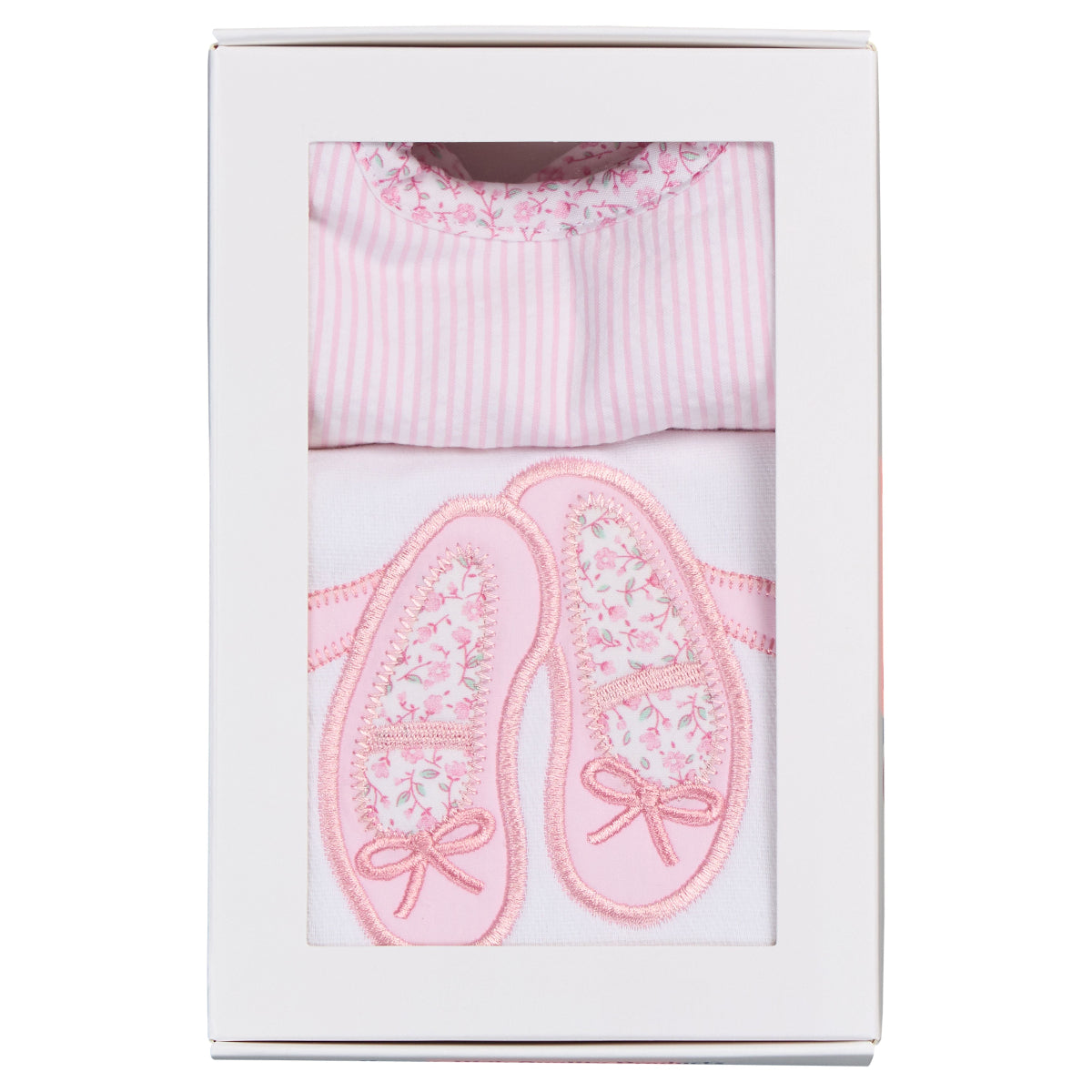 Baby girl boxed gift set with pink stripe bib and white burp cloth with appliqued ballet shoes