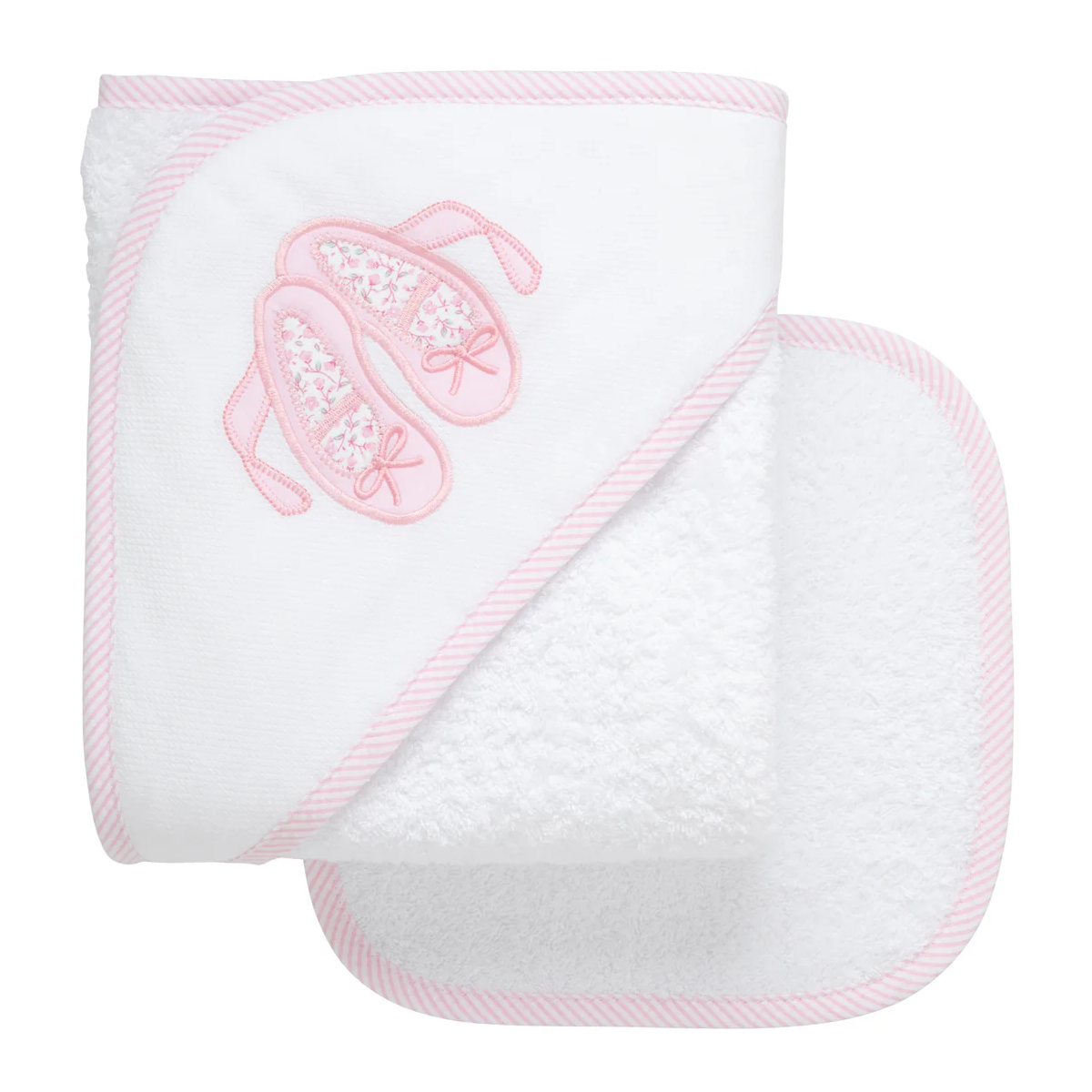 Baby girl white hooded towel with pink stripe trim and ballet shoes applique