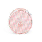Pink check round travel organizer case with embroidered ballet shoes