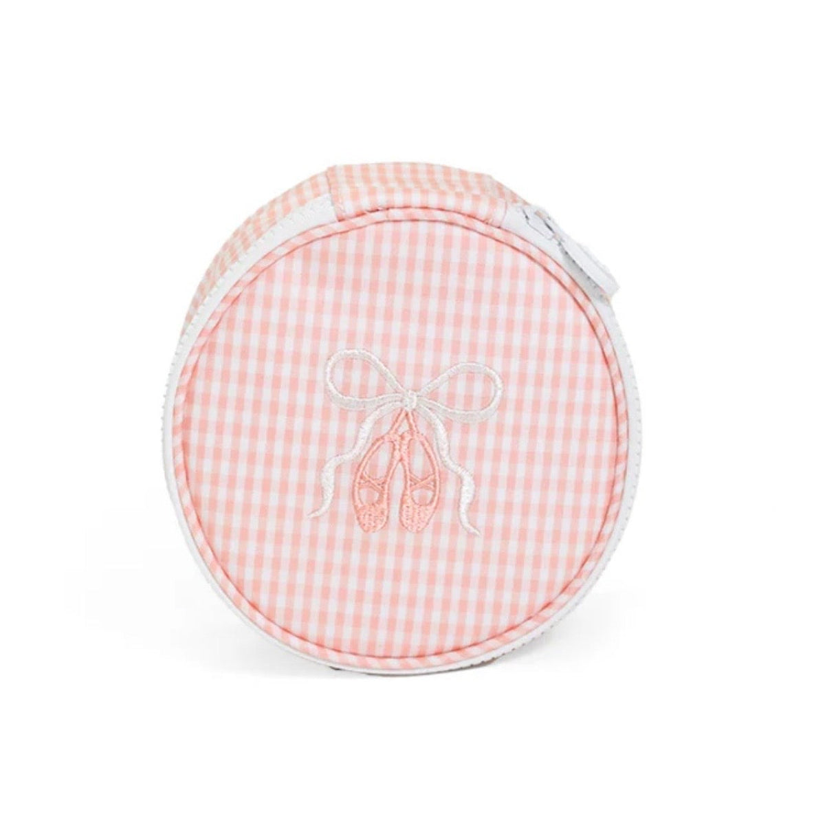Pink check round travel organizer case with embroidered ballet shoes