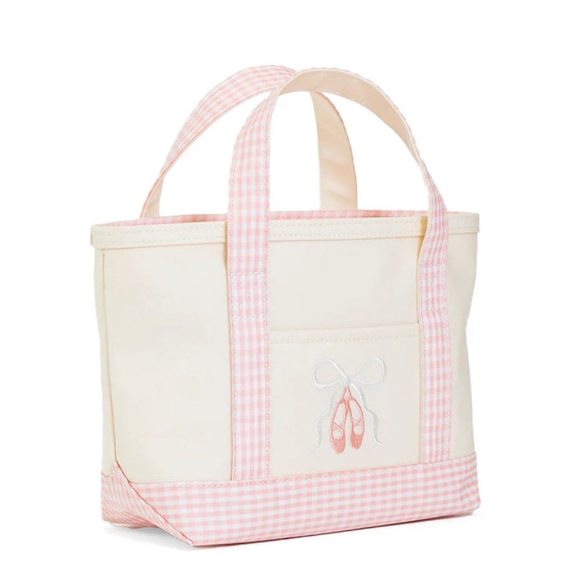 Tote bag with pink gingham trim and embroidered ballet slippers design on the front slip pocket