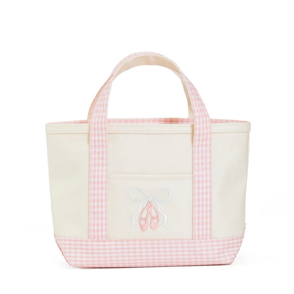 Canvas tote bag with pink gingham trim and embroidered ballet shoes on the front pocket