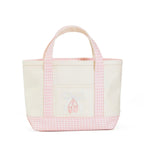 Canvas tote bag with pink gingham trim and embroidered ballet shoes on the front pocket