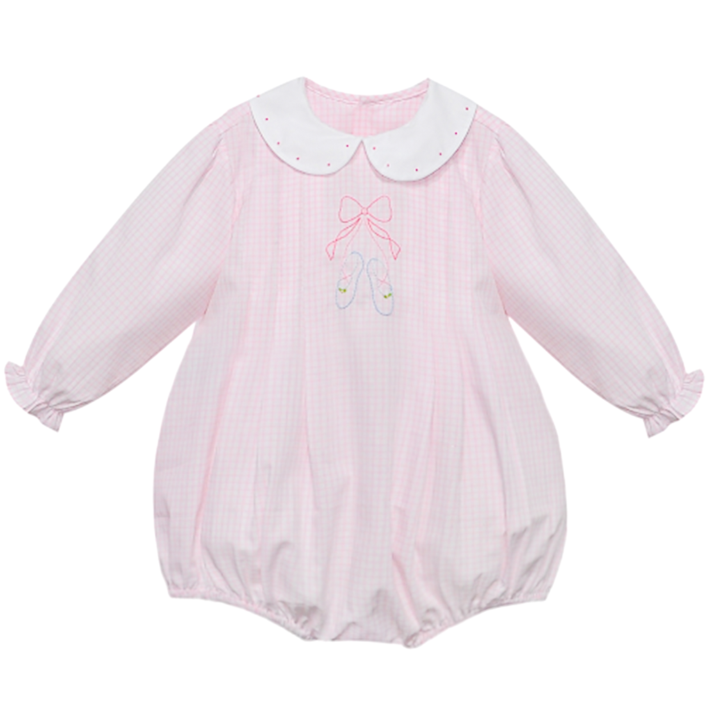 Pink baby bubble with white collar and embroidered ballet shoes