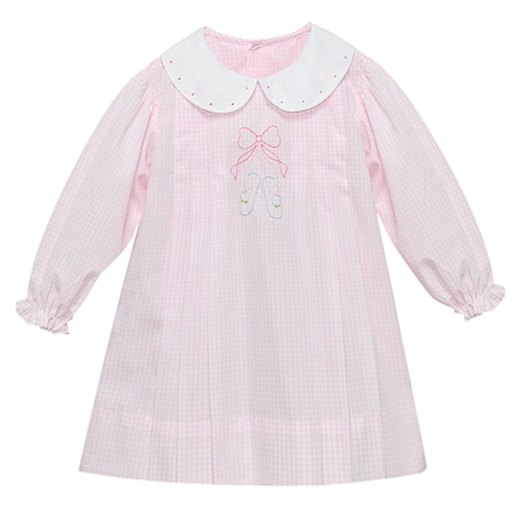 Pink dress with white collar and embroidered ballet shoes with a pink bow