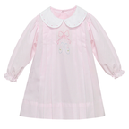 Pink dress with white collar and embroidered ballet shoes with a pink bow