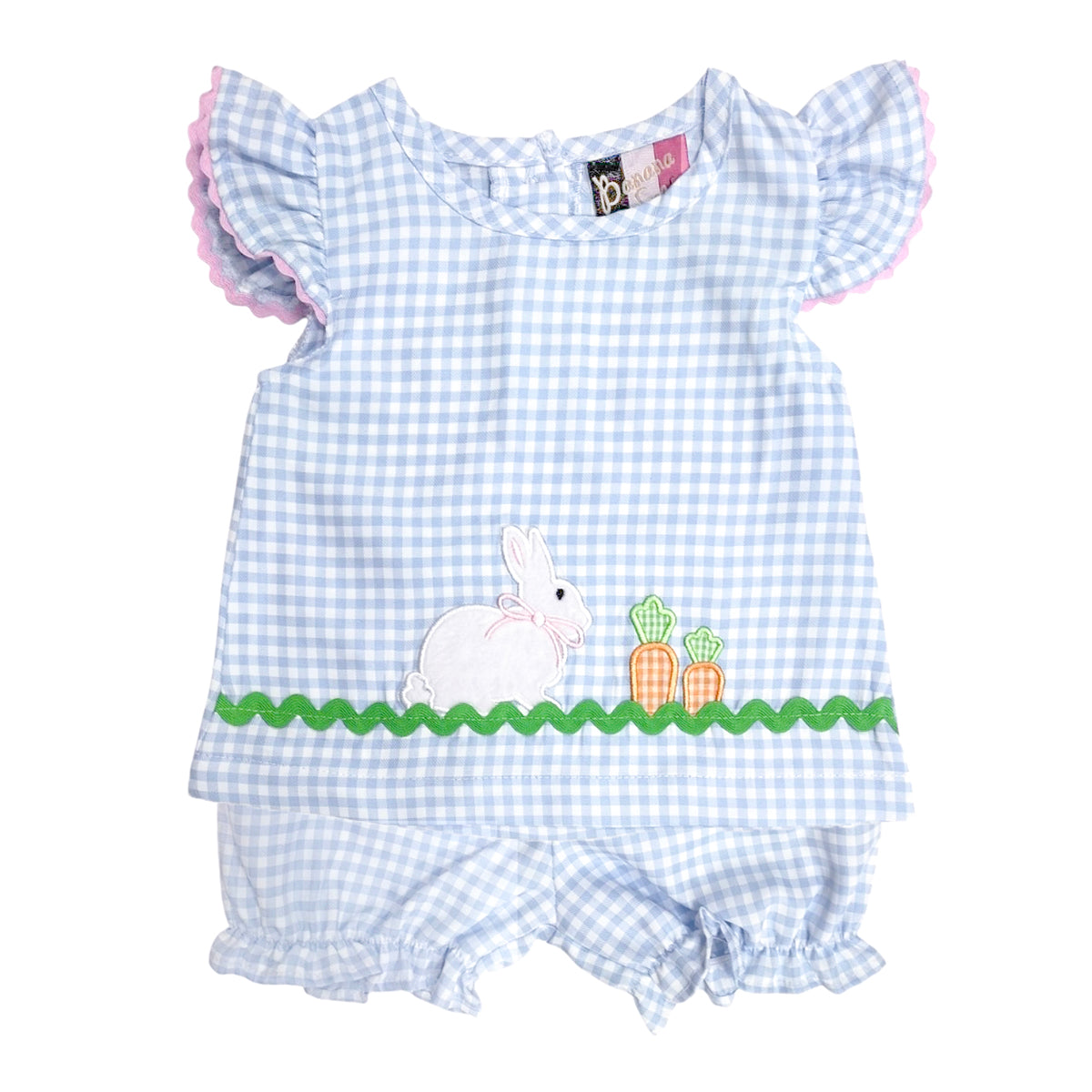 Blue check Easter bloomer set with white bunny rabbit applique and flutter sleeves.