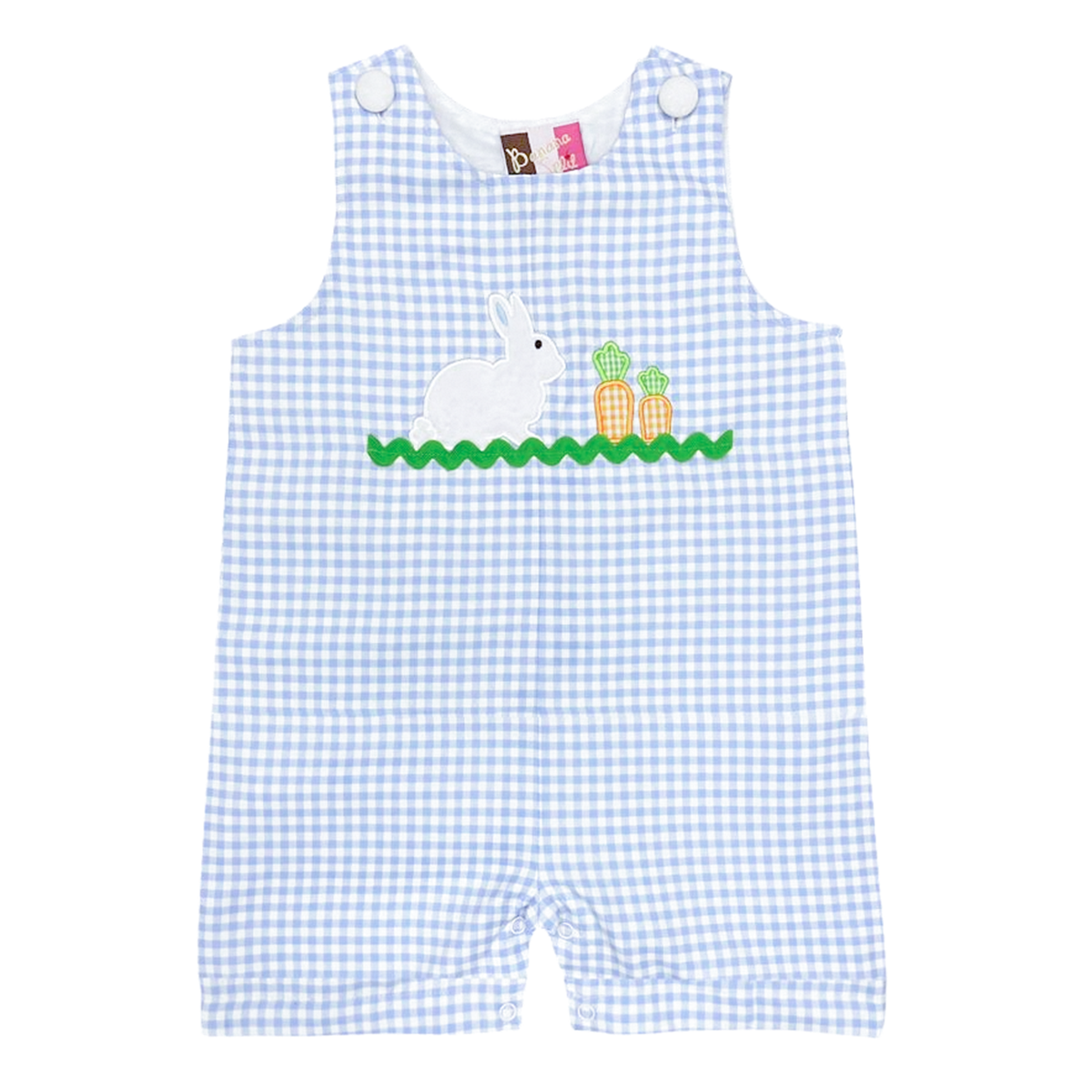 Blue gingham baby boy Easter outfit with bunny applique and carrots