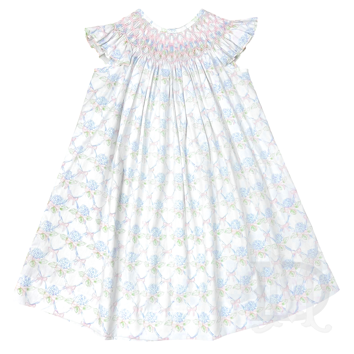 Hydrangea and pink bows smocked flutter sleeve bishop dress.
