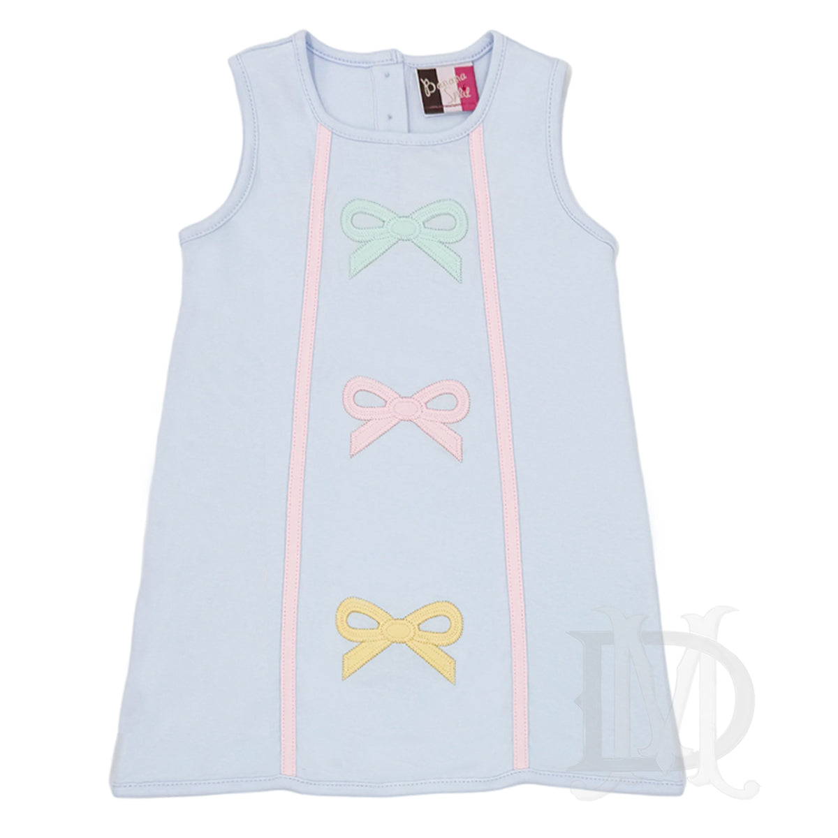 Light blue sleeveless knit dress with pastel bow applique designs.