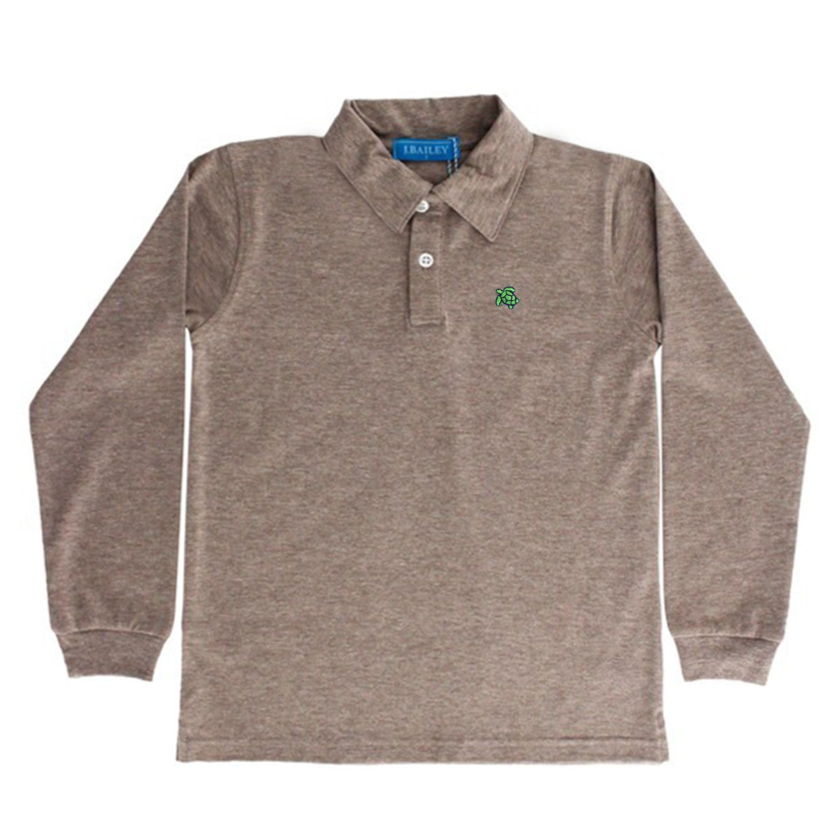 A toddler boy's long-sleeve polo shirt in a heathered taupe-brown color, featuring a small green embroidered J. Bailey logo.