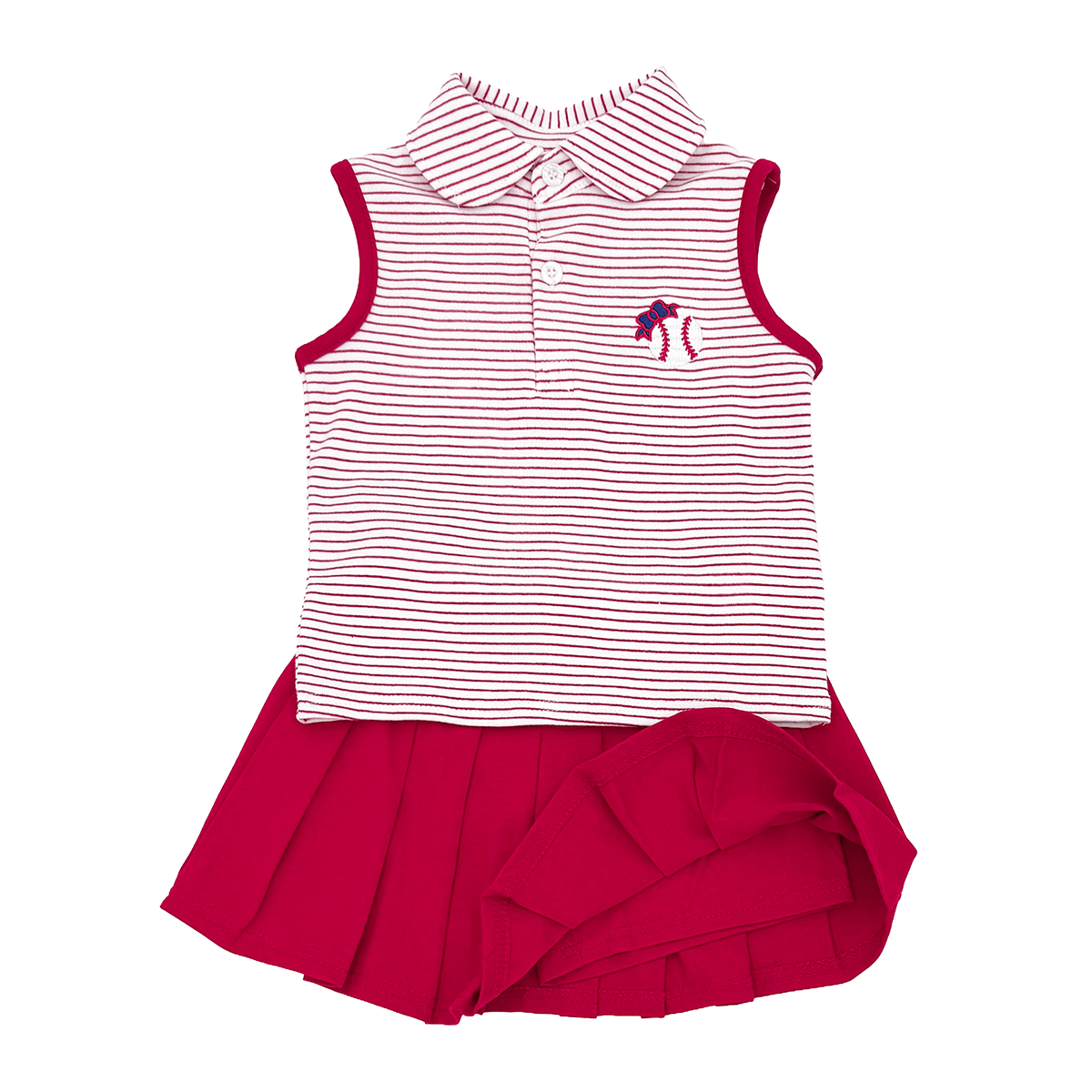 Striped sleeveless top with embroidered baseball and bow paired with a red pleated skort that shows the built-in shorts.