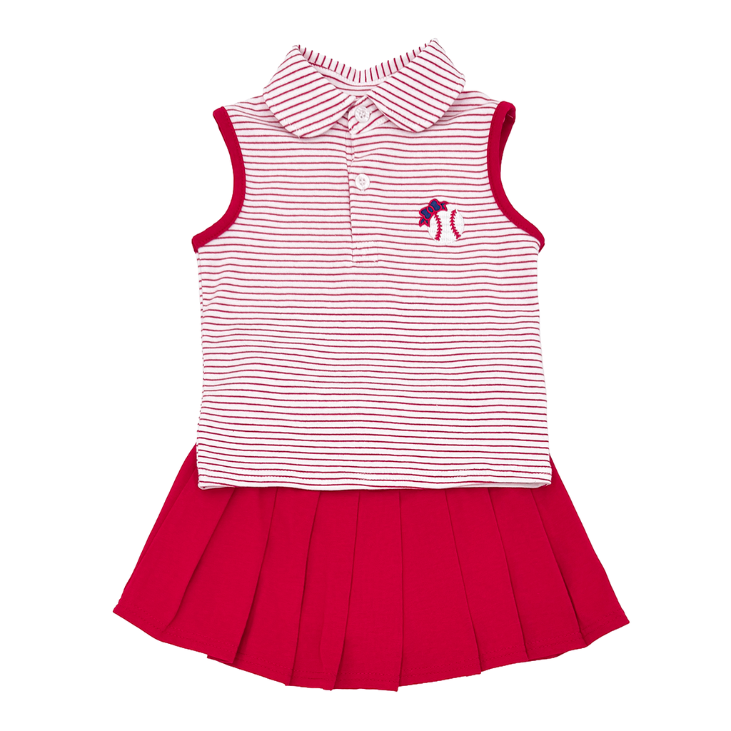 Striped sleeveless top with embroidered baseball and bow paired with a red pleated skort.
