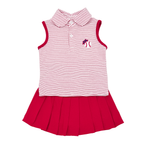 Striped sleeveless top with embroidered baseball and bow paired with a red pleated skort.