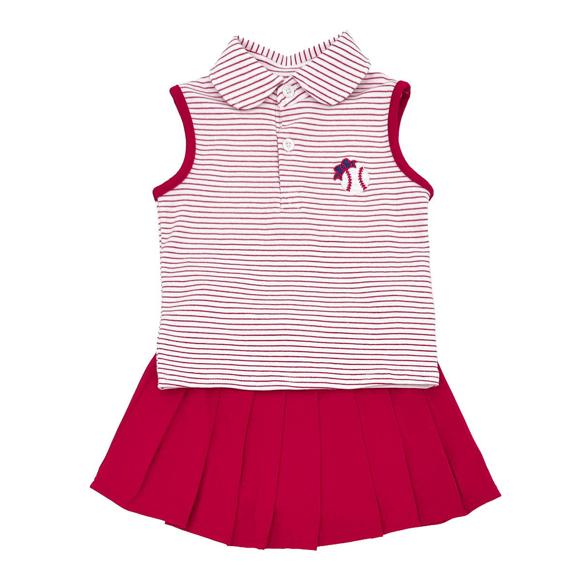 Striped sleeveless top with embroidered baseball and bow paired with a red pleated skort.