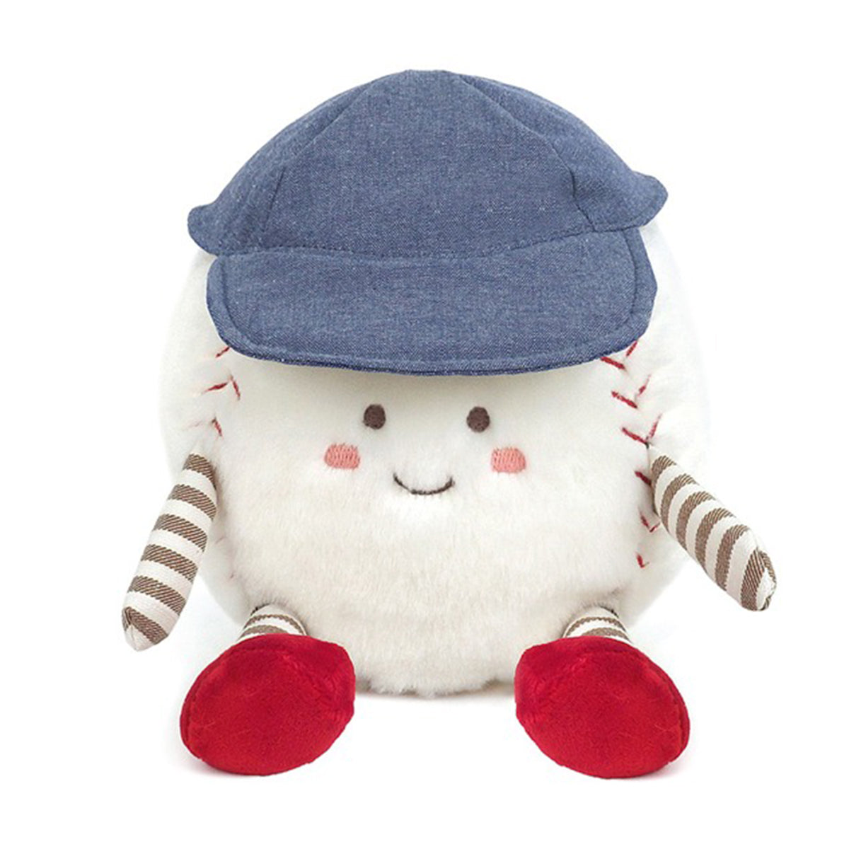 Baseball plush toy with blue cap and red shoes.