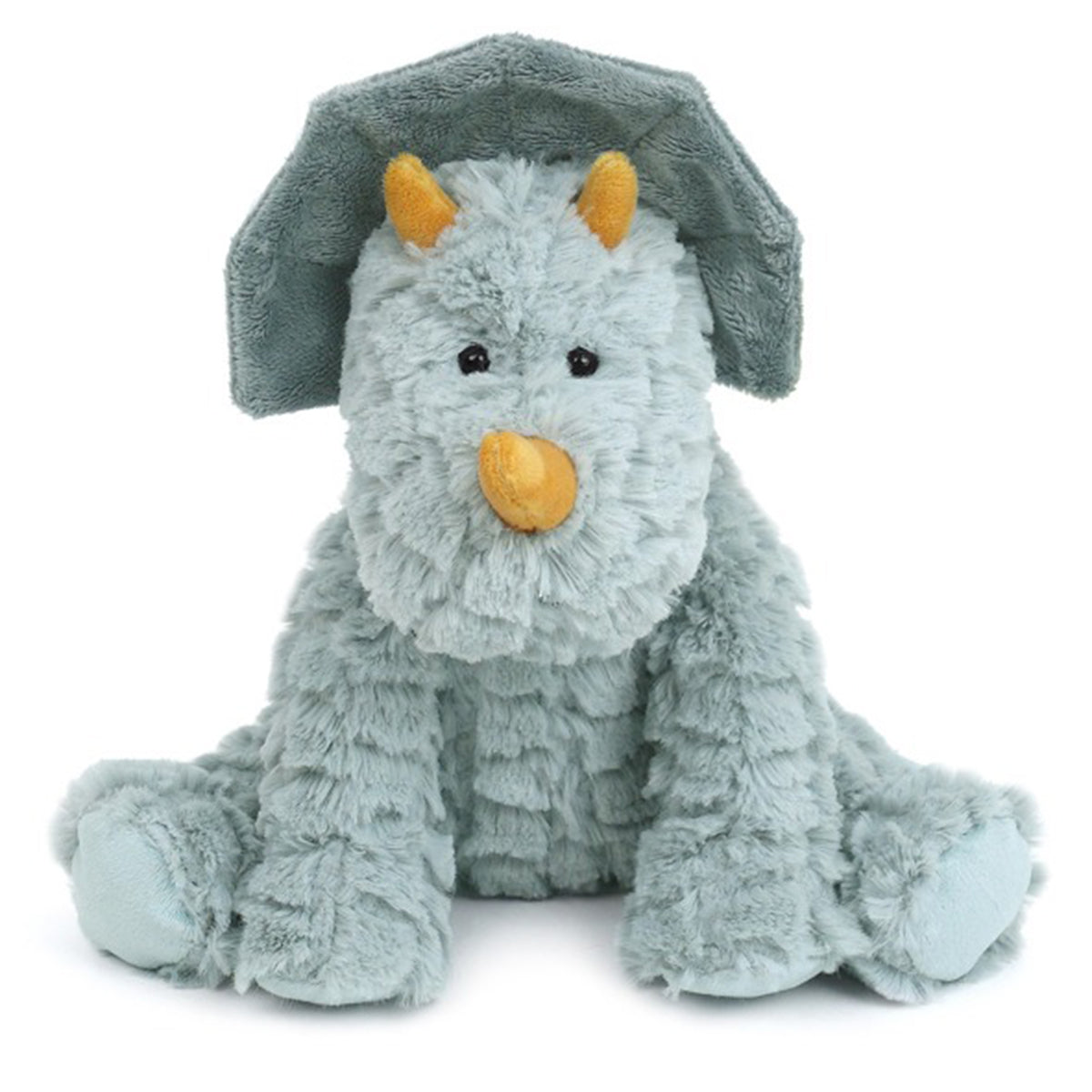 Soft green plush triceratops dinosaur stuffed animal.