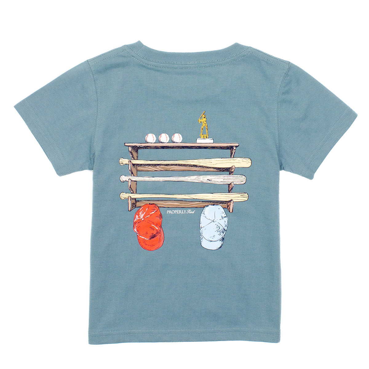 Properly Tied Boy's Bat Rack on Steel Blue Tee