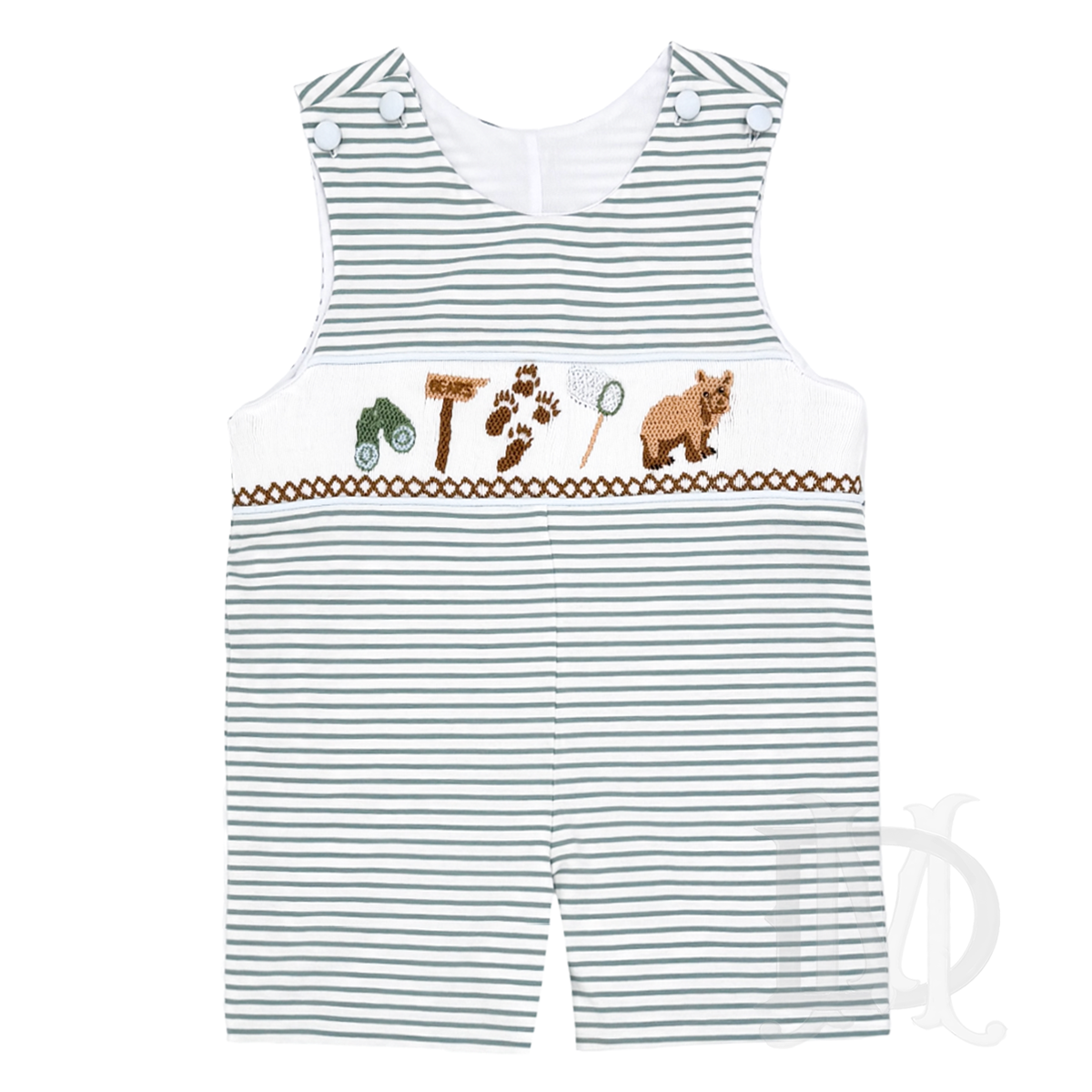 Boys sage green stripe knit shortall with a bear hunting theme smocked design.