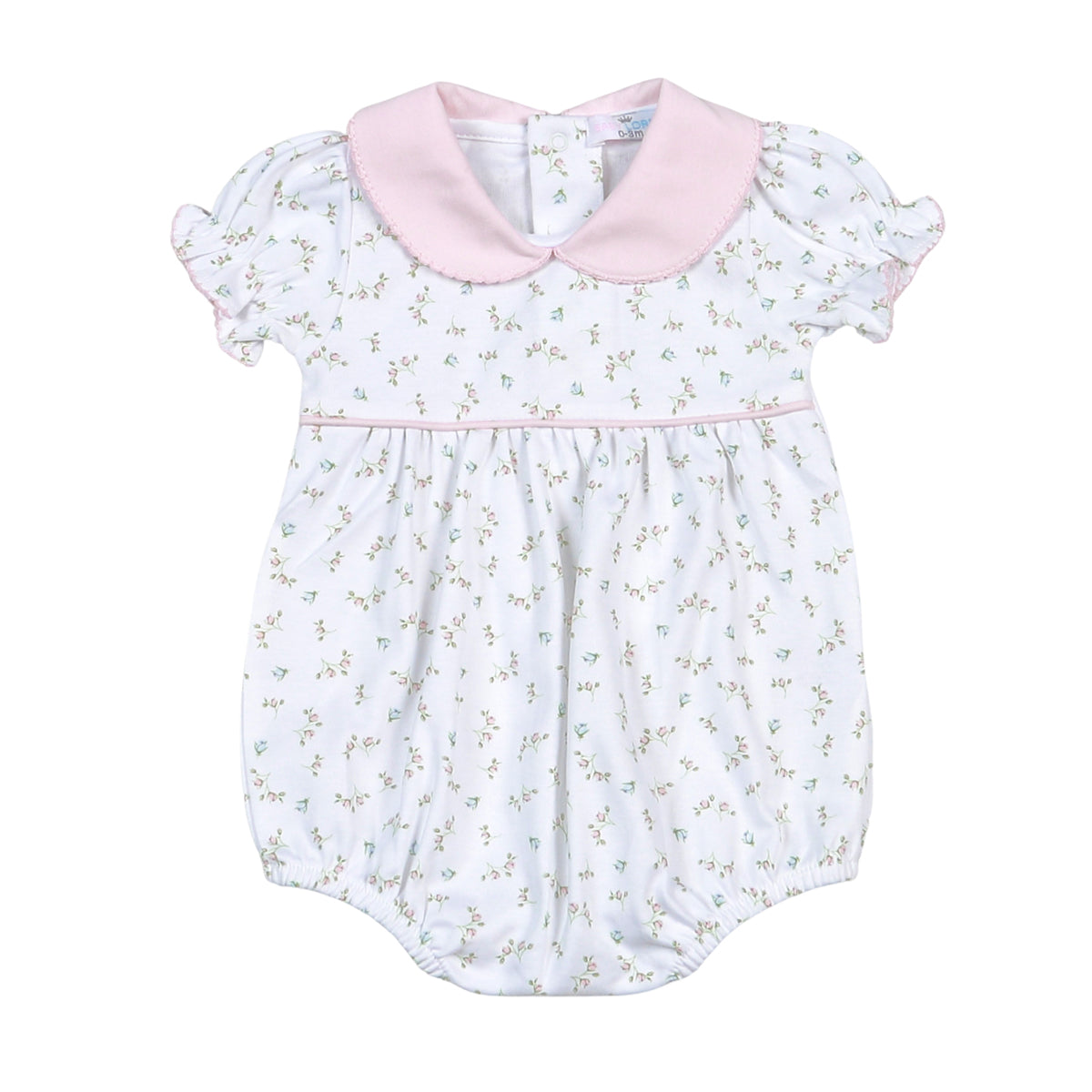 Baby girl rosebud print bubble with pink Peter Pan collar