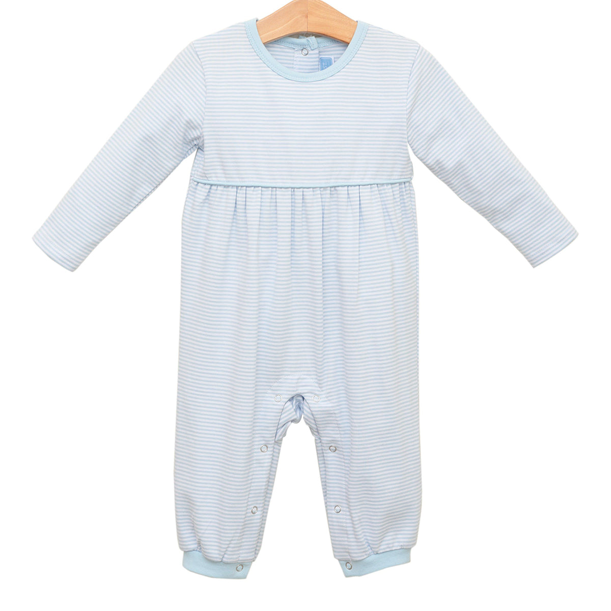 Blue and white striped baby romper