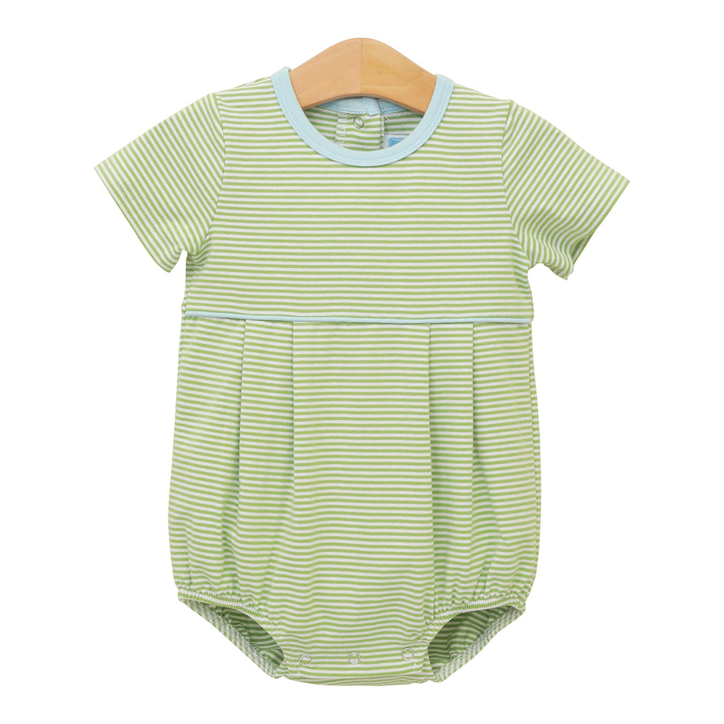 Baby boy green striped knit bubble with light blue trim