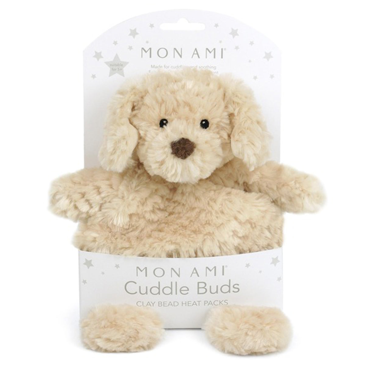 Doodle puppy plush toy with clay bead heat pack labeled 'Mon Ami Cuddle Buds'.