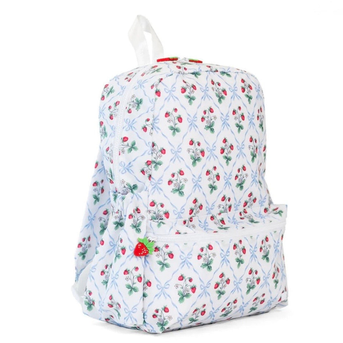 Girls backpack with strawberry and blue bow trellis pattern