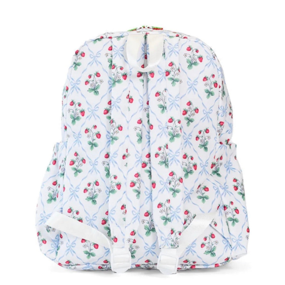 The back straps of a strawberry and blue bow trellis print little girl backpack