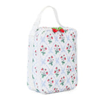 Insultated little girl lunchbox in a strawberry and blue bow trellis print