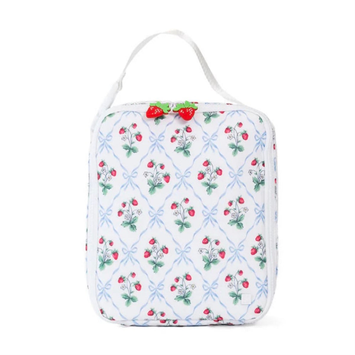 Insulated strawberry print lunchbox with strawberry zipper pulls