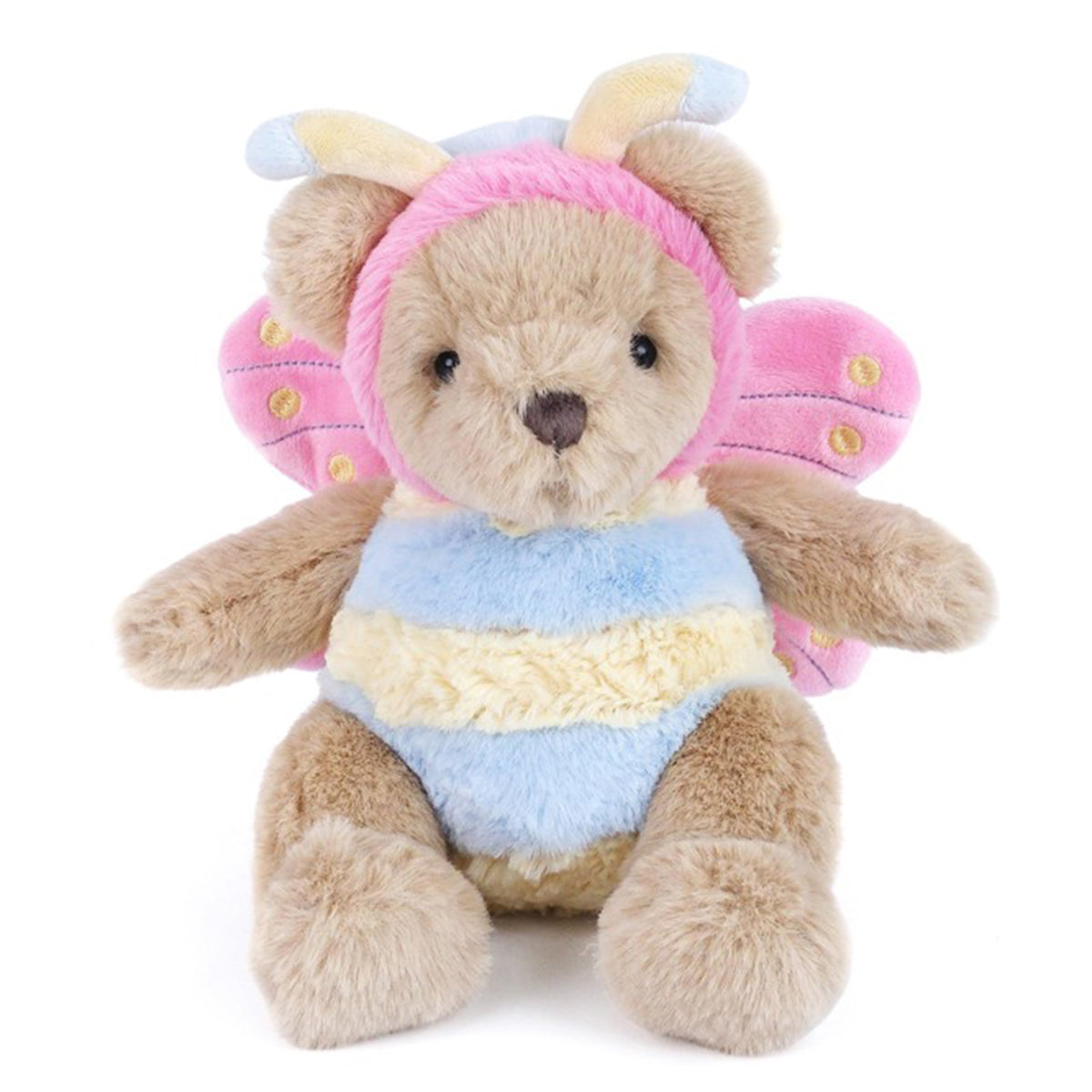 Plush toy stuffed bear in a butterfly costume with pink and yellow wings.