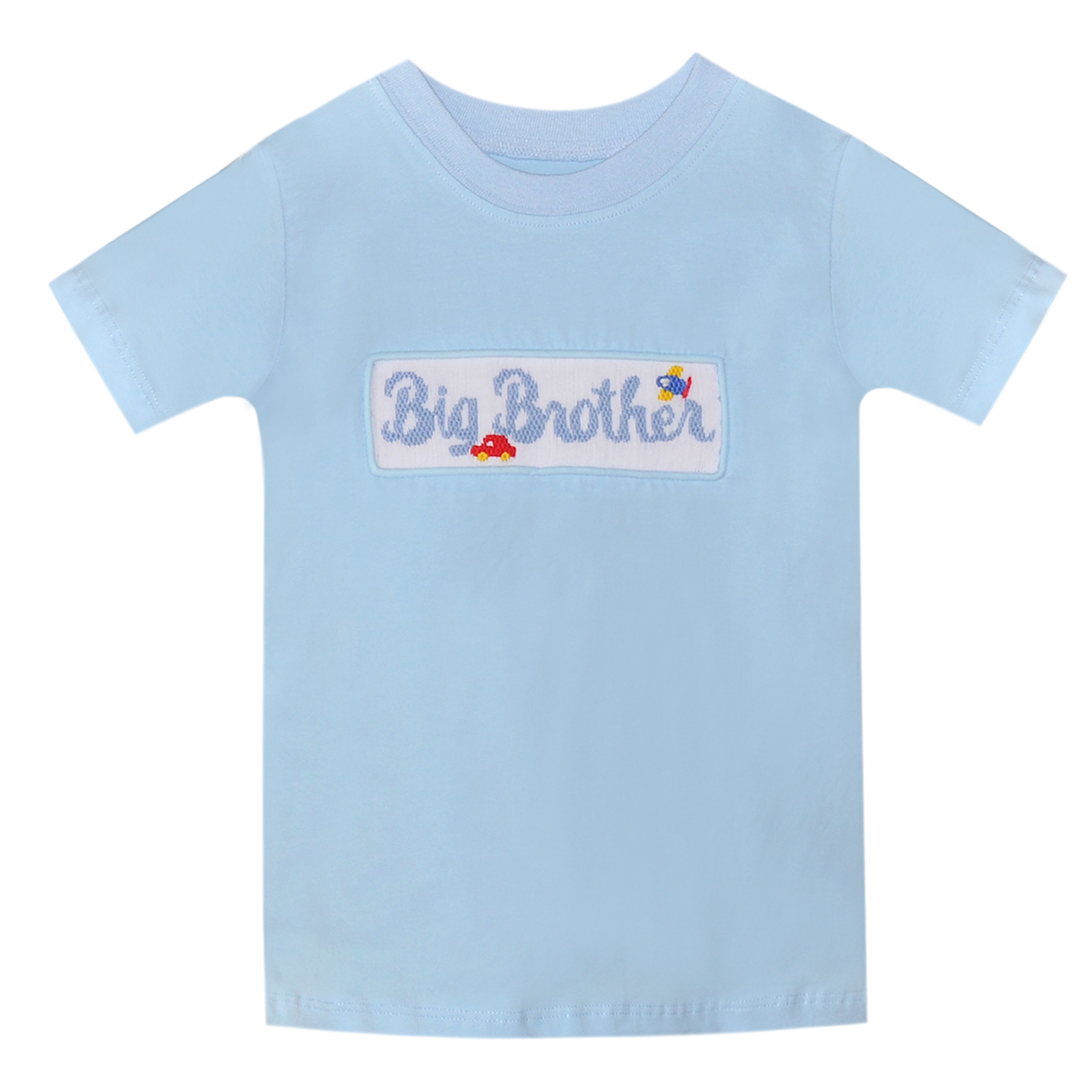 A short-sleeved light blue knit shirt with the words 'Big Brother' embroidered on the smocking, accompanied by images of a car and an airplane.