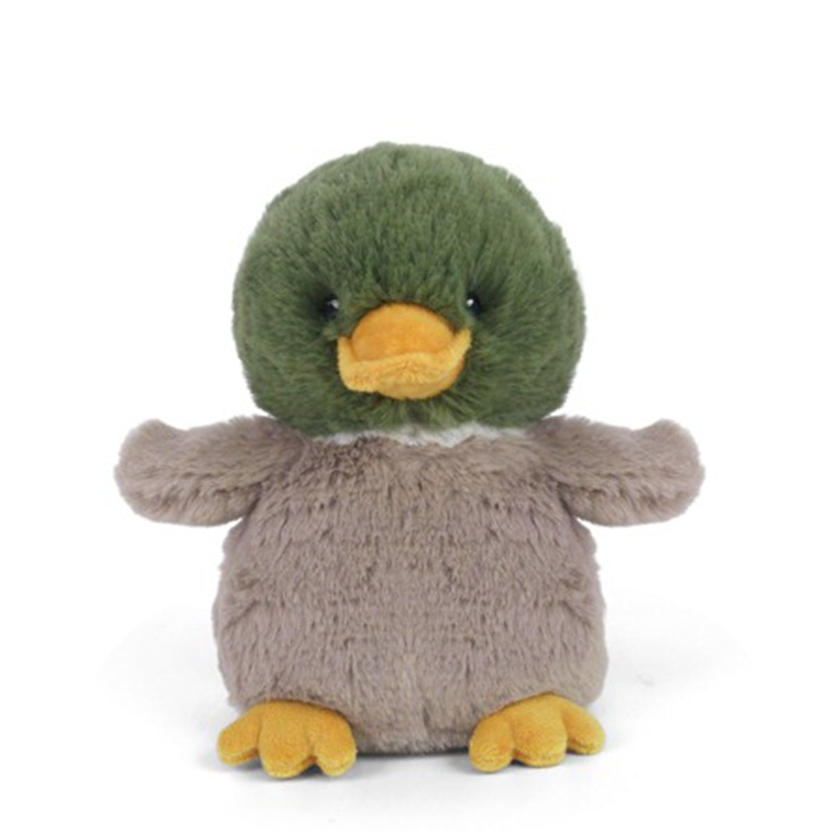 Plush toy mallard duck with green head, soft brown body, and yellow beak and feet.