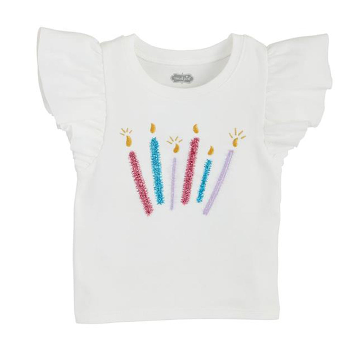 White t-shirt with colorful tinself birthday candles design and flutter sleeves