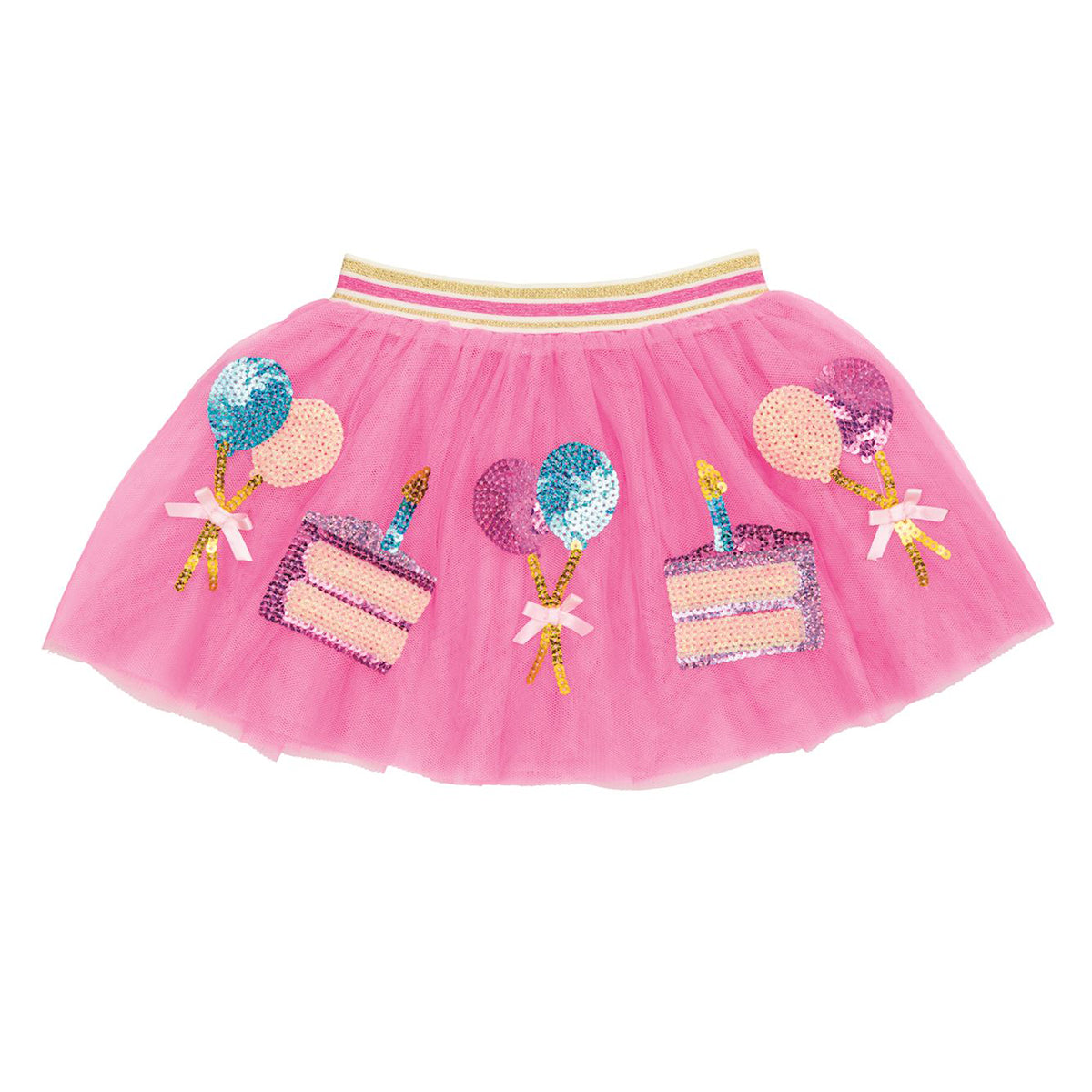 Little girl's pink tulle skirt with sequined birthday cake and birthday balloons and a sparkly gold elastic waistband