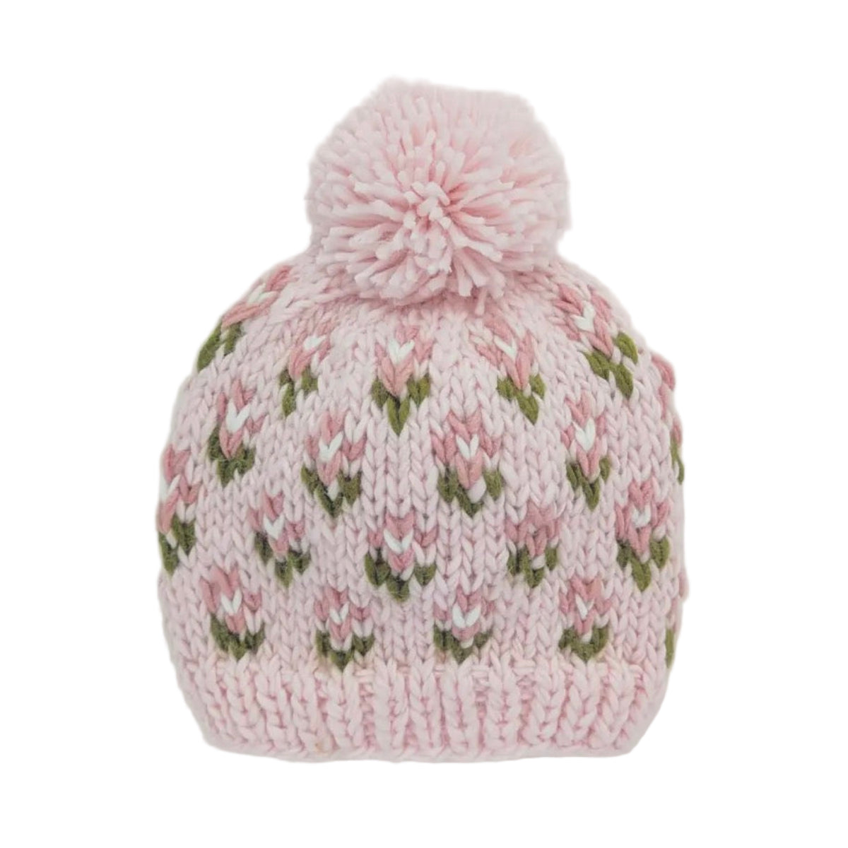 Blush pink knit baby hat with pink flowers and a pompom