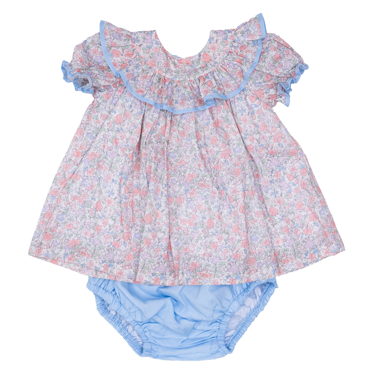 Girls floral woven top with ruffle collar and blue bloomers