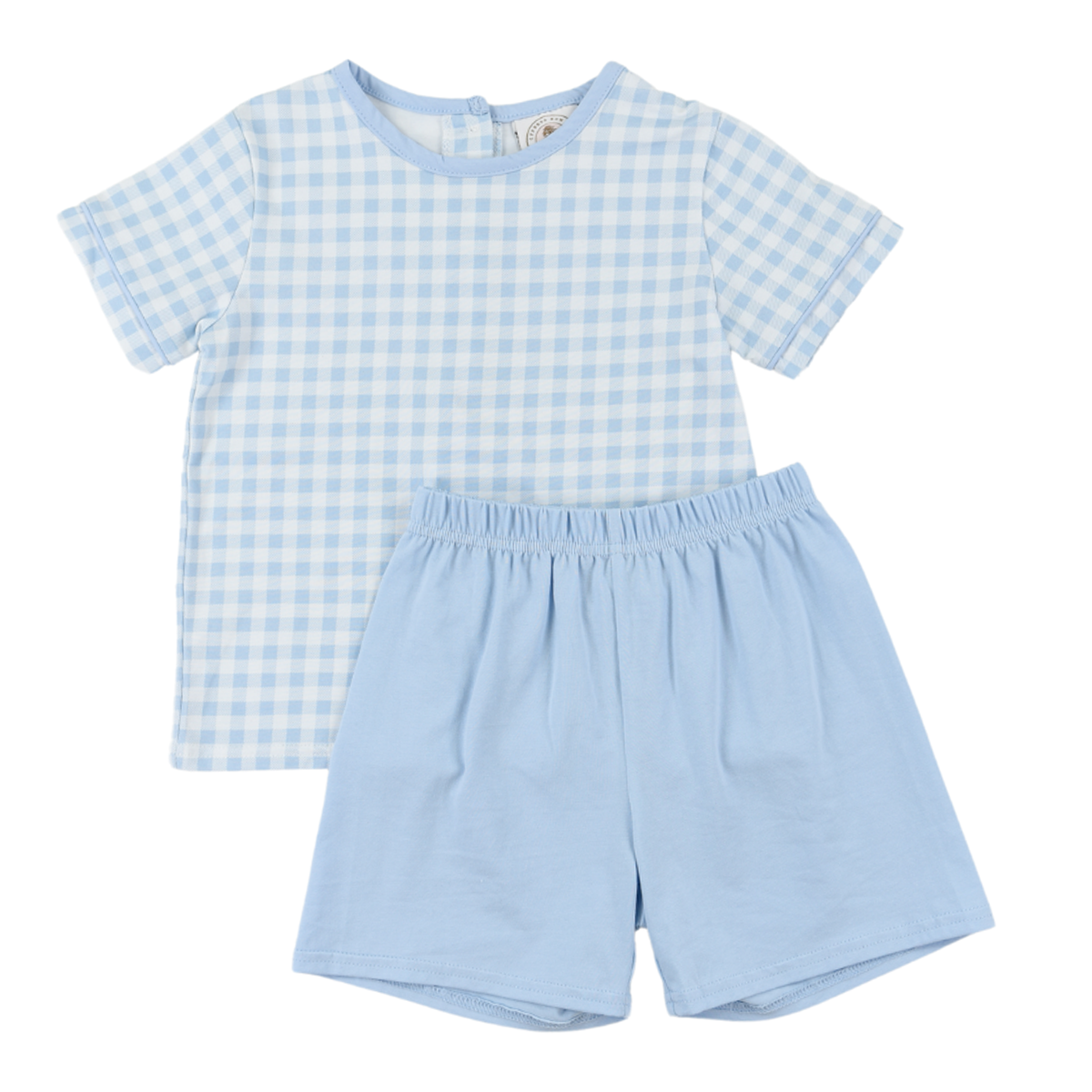 Blue gingham knit toddler boys short set with solid blue shorts