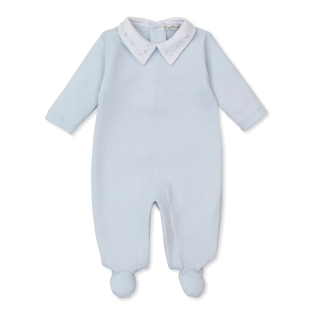 Light blue jacquard Pima cotton baby boy’s footed romper with white point collar embroidered in blue.