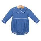 Blue baby romper with white trim 