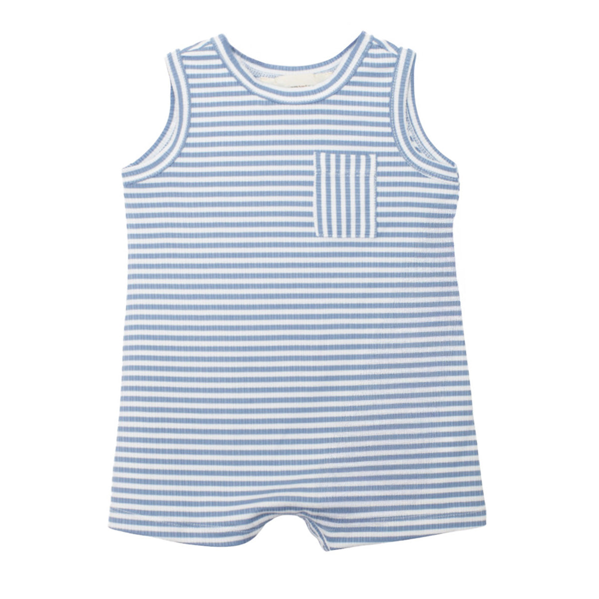 Blue and white striped sleeveless ribbed cotton baby boy romper