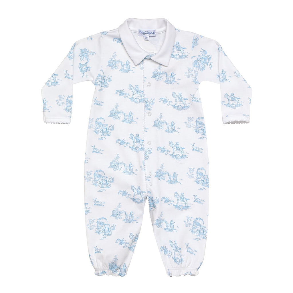 Baby boy's converter gown romper in a blue toile print and a white collar.
