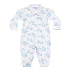 Baby boy's converter gown romper in a blue toile print and a white collar.