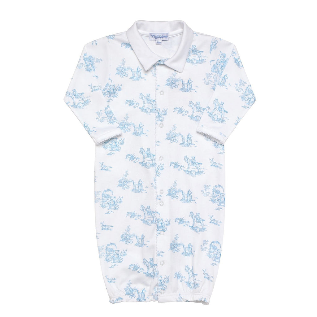Baby boy's converter gown with a blue toile print and a white collar.