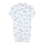 Baby boy's converter gown with a blue toile print and a white collar.
