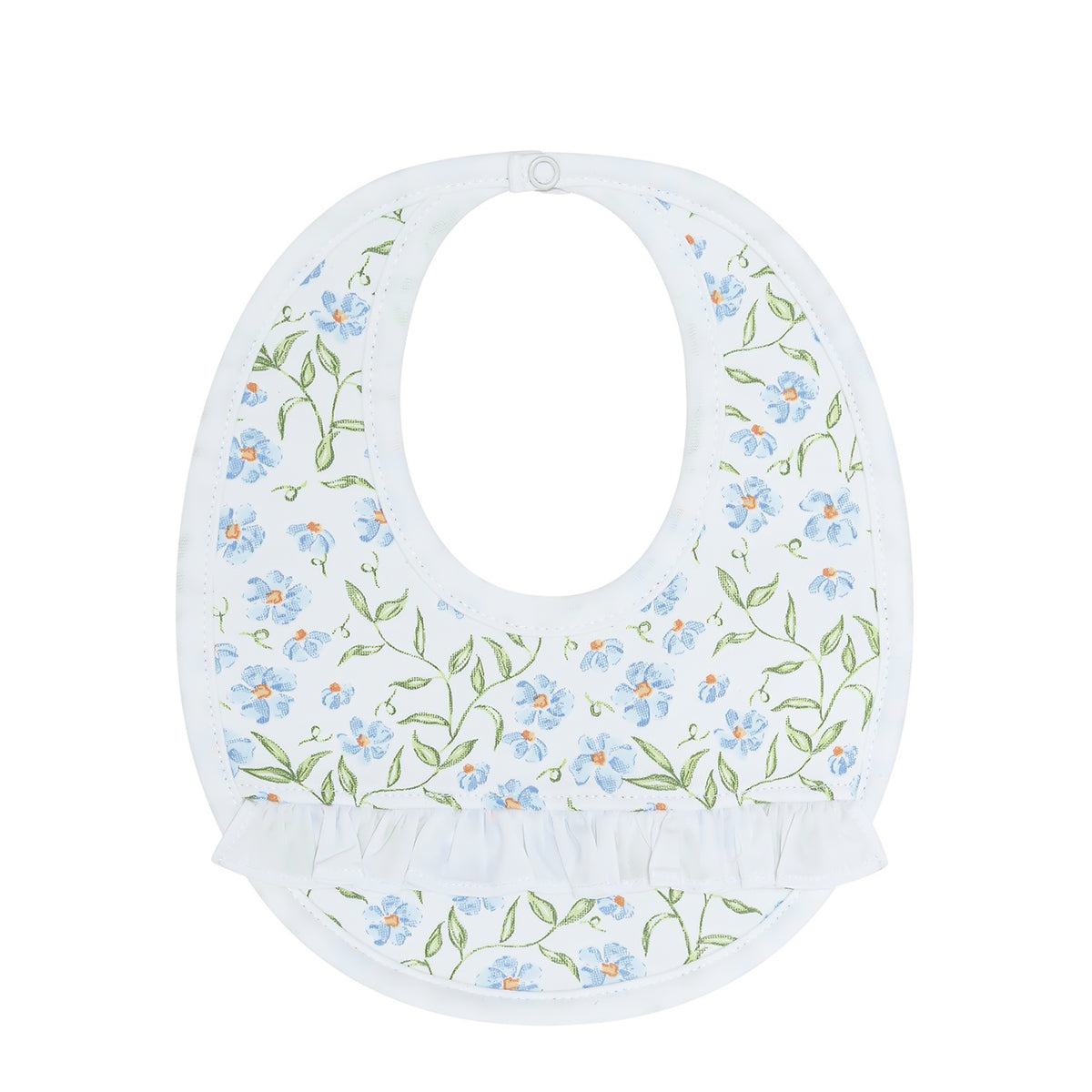 Baby girl bib in a blue and green floral print with a white ruffle.
