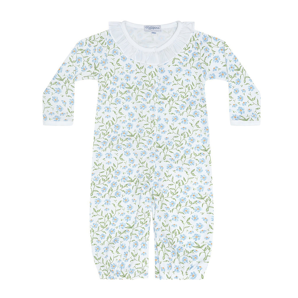 Baby girl converter gown romper in a blue and green floral print with a white ruffled collar.