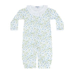 Baby girl converter gown romper in a blue and green floral print with a white ruffled collar.