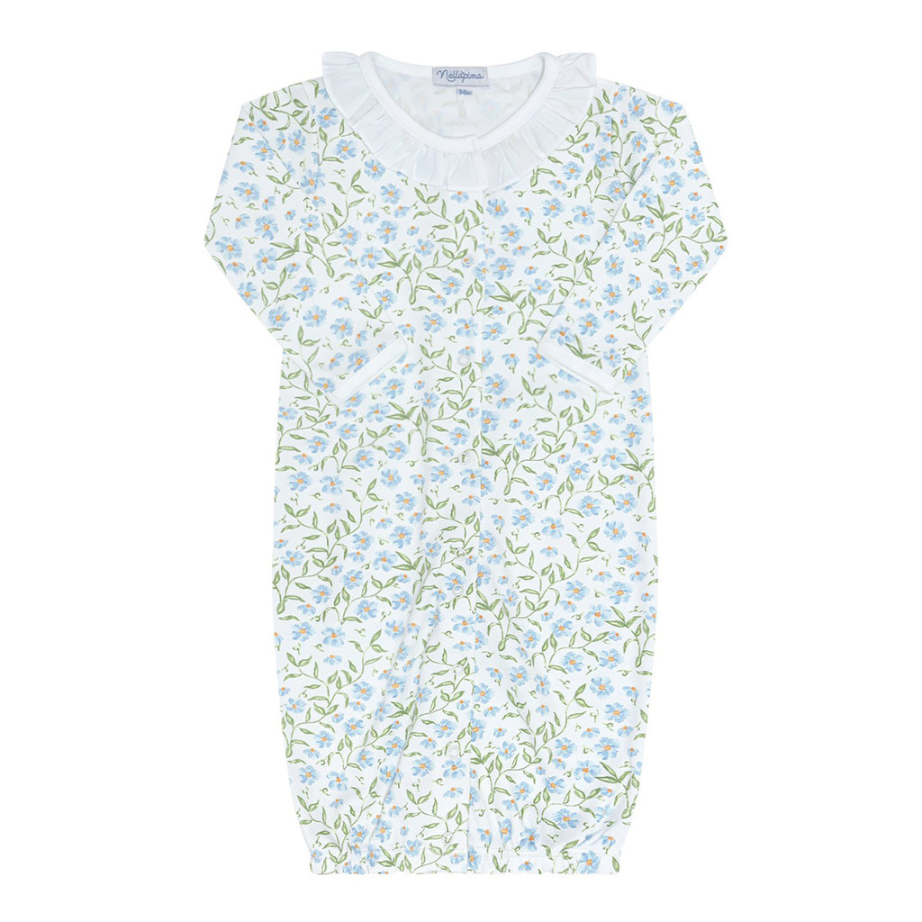 Baby girl converter gown in a blue and green floral print with a white ruffled collar.
